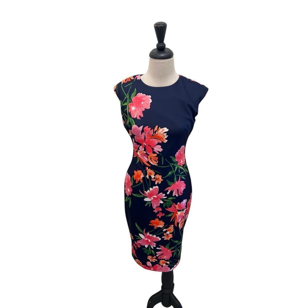 Vince Camuto Women's Floral Print Cap Sleeve Sheath Dress Navy Blue Pink Size 4